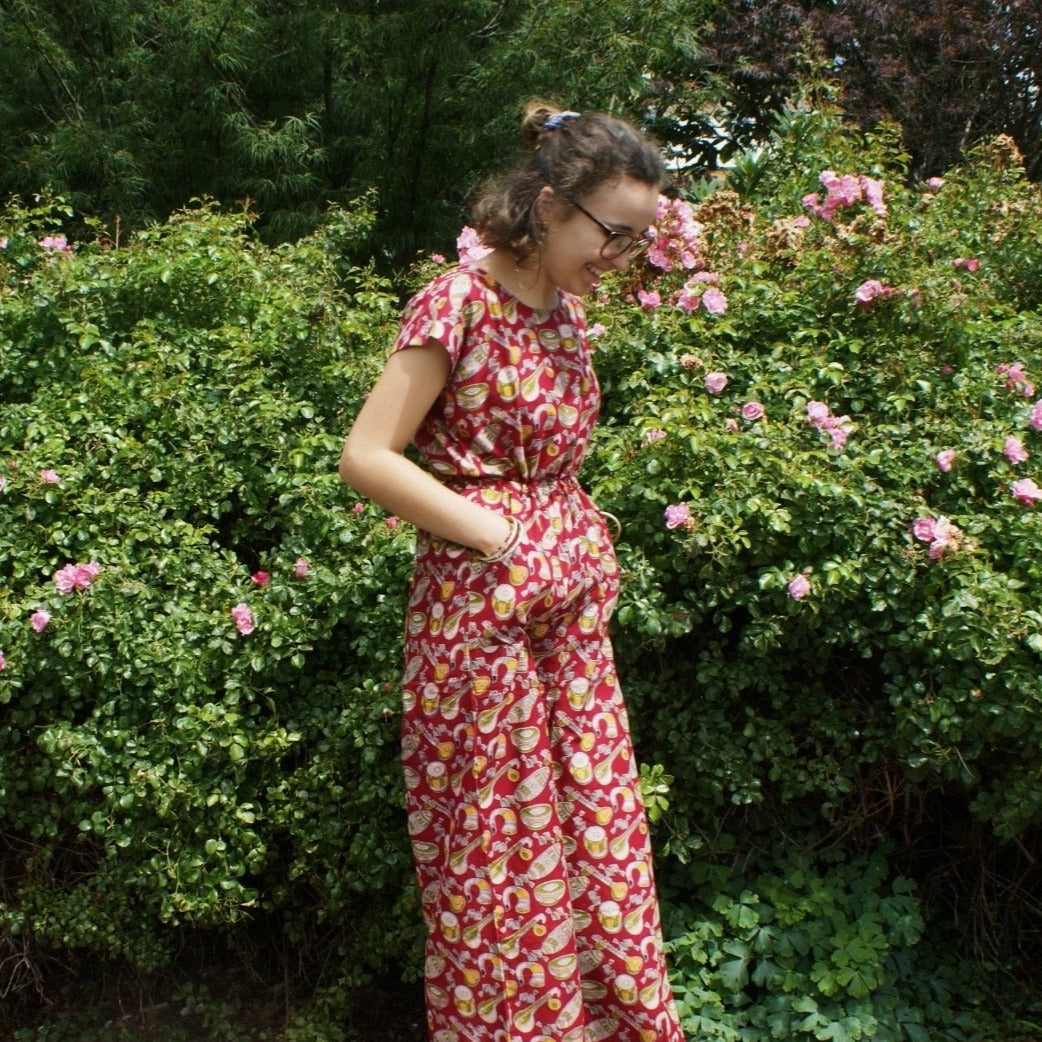 Fair Trade Cotton Red Musical Instruments Design Zippered Jumpsuit