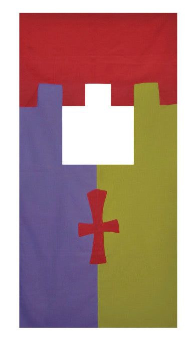 A colorful puppet showboard theatre with a kingdom theme, featuring red, blue, and yellow panels with a white castle-like cutout.