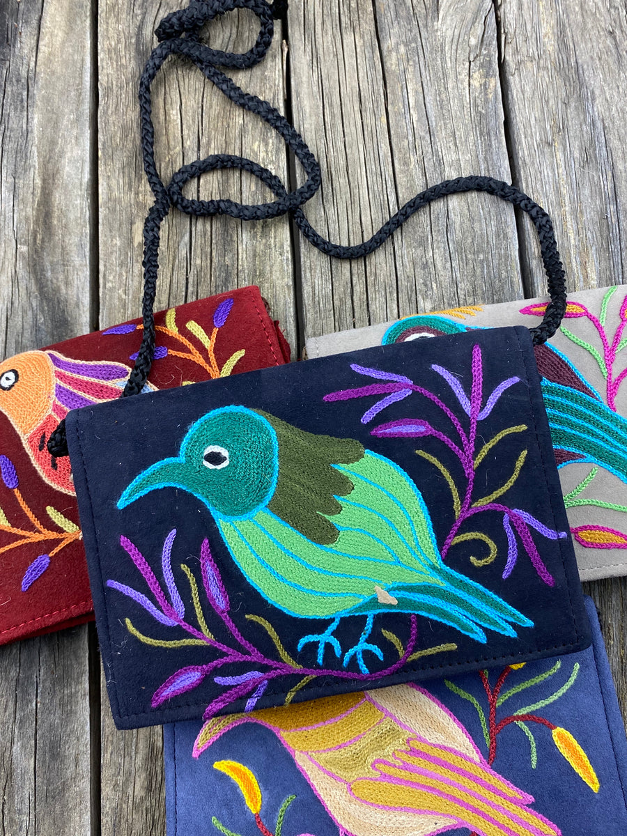 Fair Trade Ethical Embroidered Suede Handbag One Bird Design - Assorted