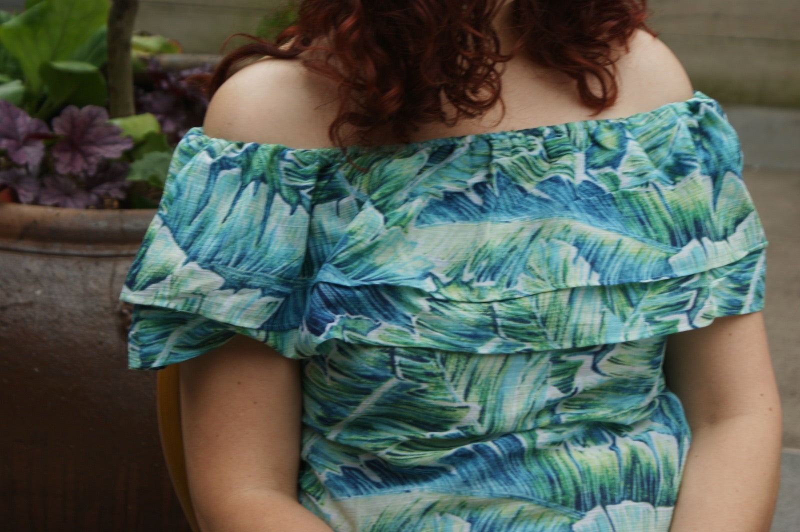 Fair Trade Cotton Off the Shoulder Top Green Leaf Design