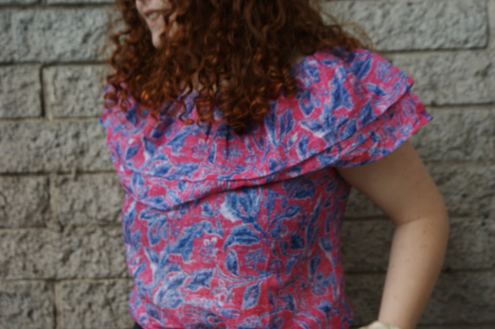 Fair Trade Cotton Off the Shoulder Top Pink with Blue Flower Design
