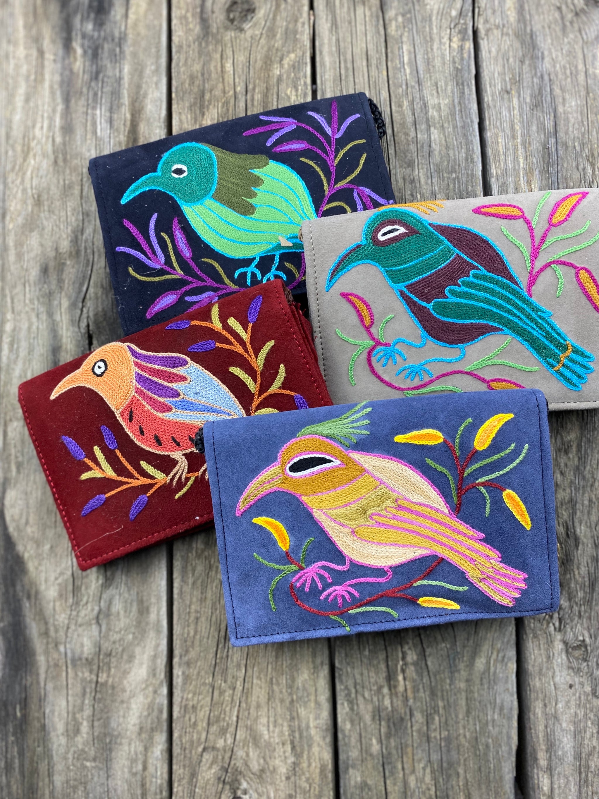 Fair Trade Ethical Embroidered Suede Handbag One Bird Design - Assorted