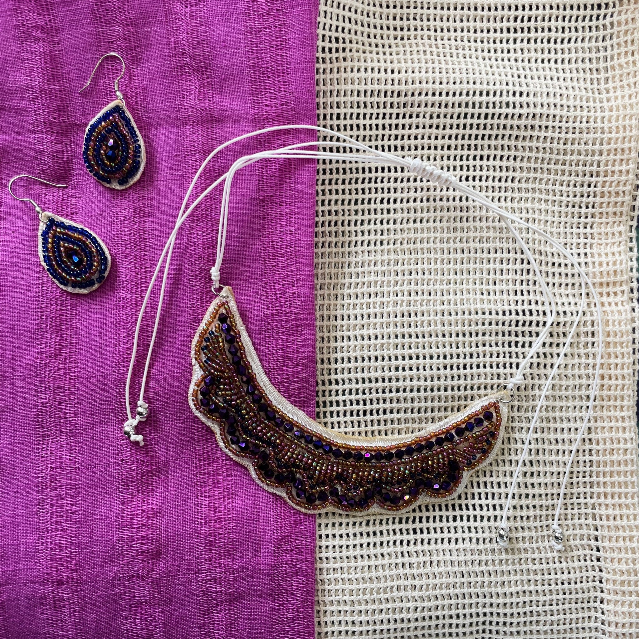 Fair Trade Royal Purple Beaded Necklace Earrings Jewellery Set