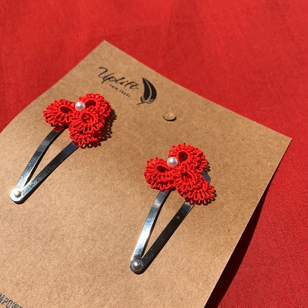 Fair Trade  Ethical Pair of Tatted Hair Clips Center Bead