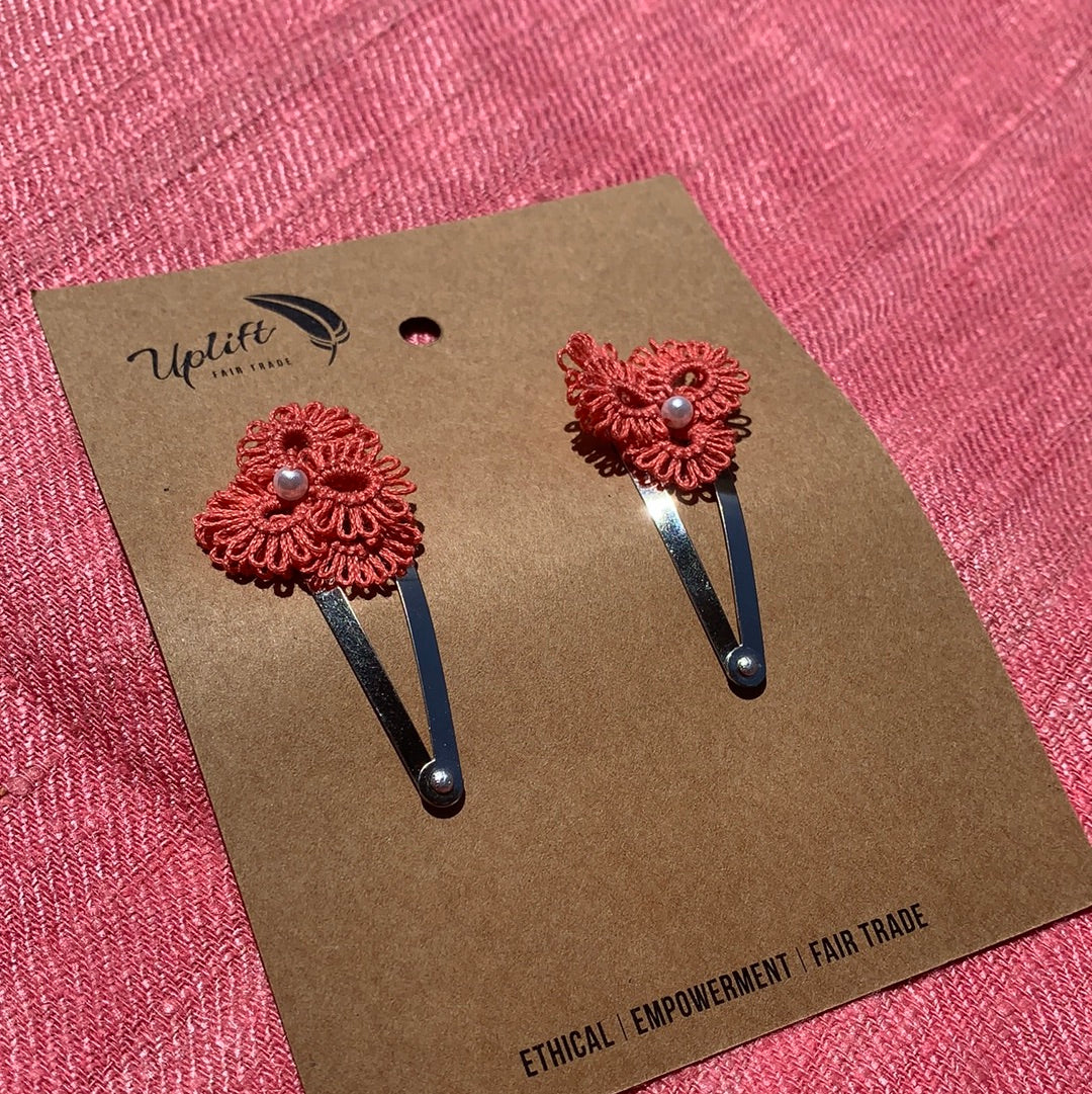 Fair Trade  Ethical Pair of Tatted Hair Clips Center Bead
