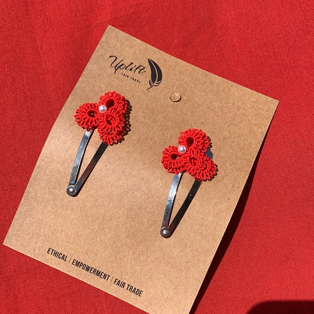 Fair Trade  Ethical Pair of Tatted Hair Clips Center Bead