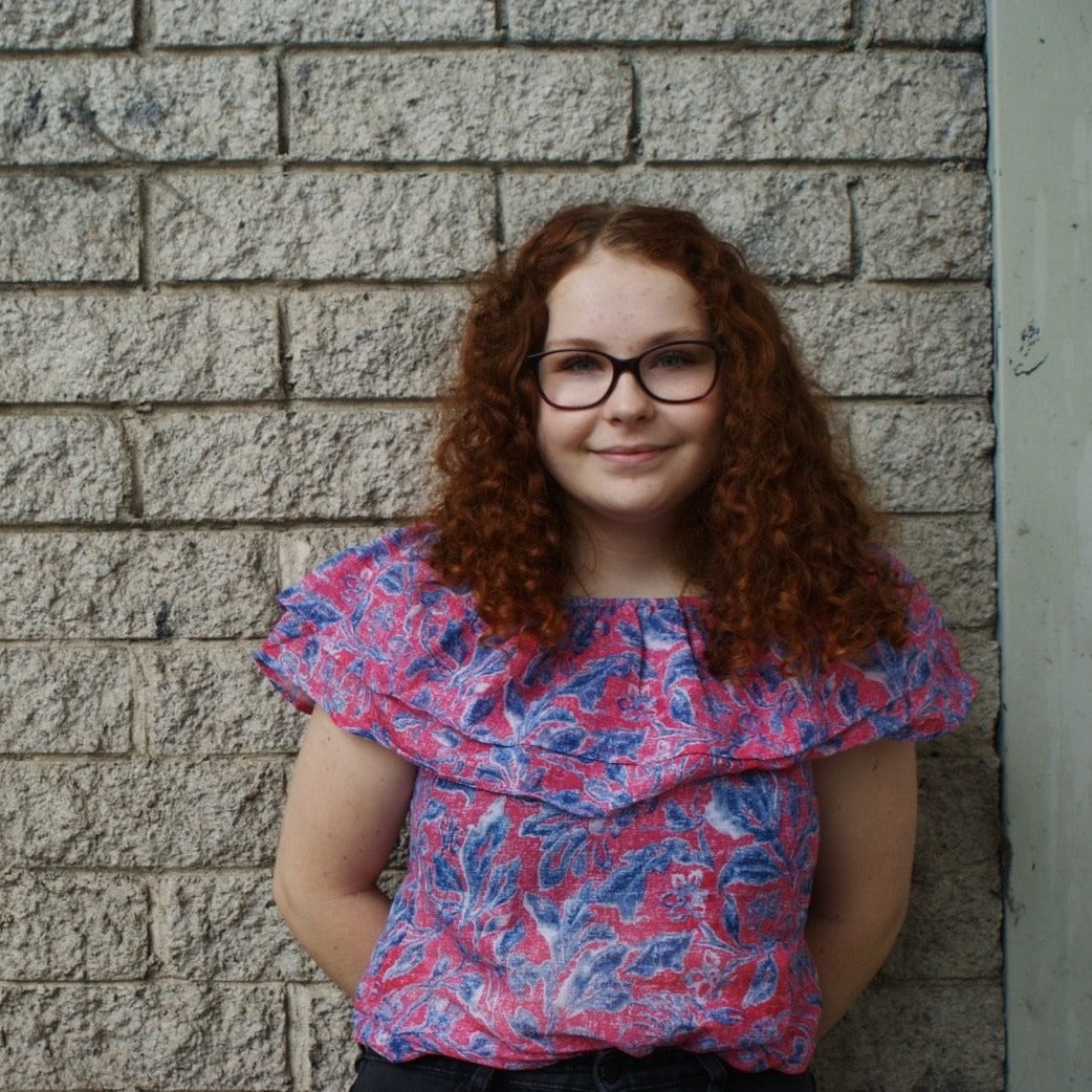 Fair Trade Cotton Off the Shoulder Top Pink with Blue Flower Design