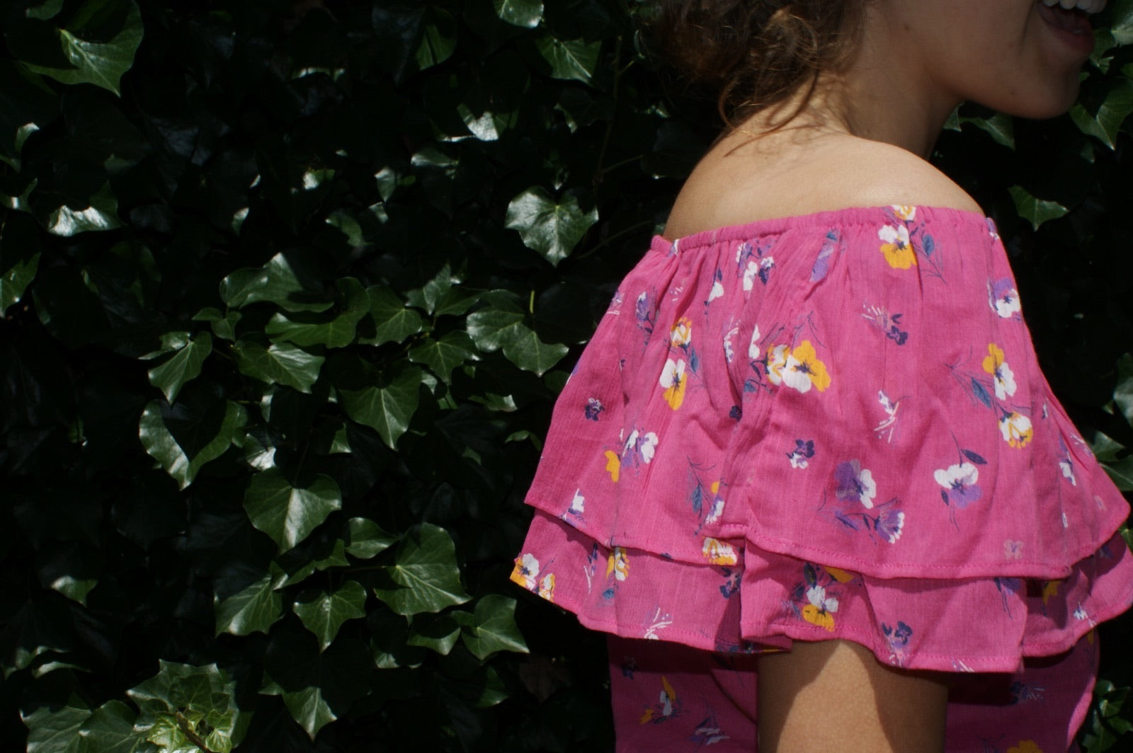 Fair Trade Cotton Off the Shoulder Top Pink Pansies Design