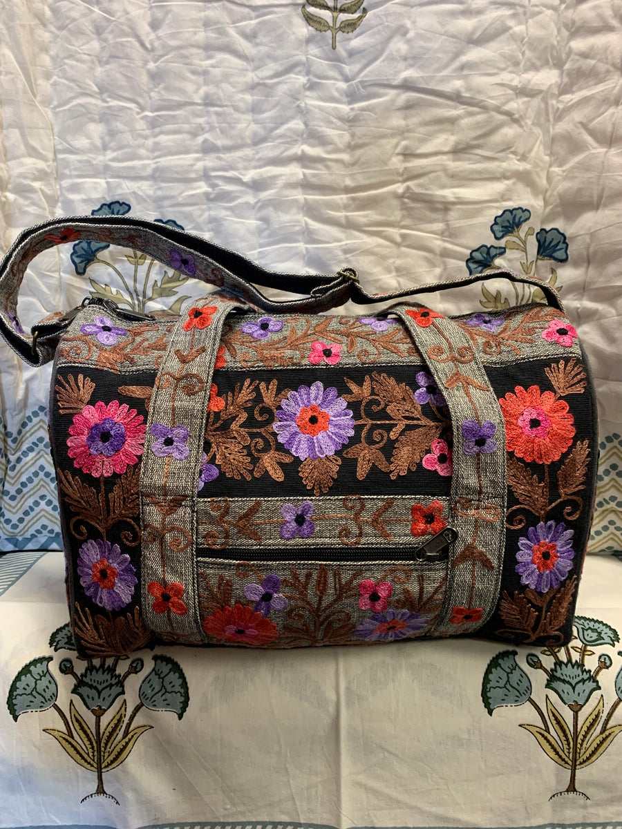 Small Embroidered Duffel - Travel Bag Grey Black (Empowering Local Women - Nepal)