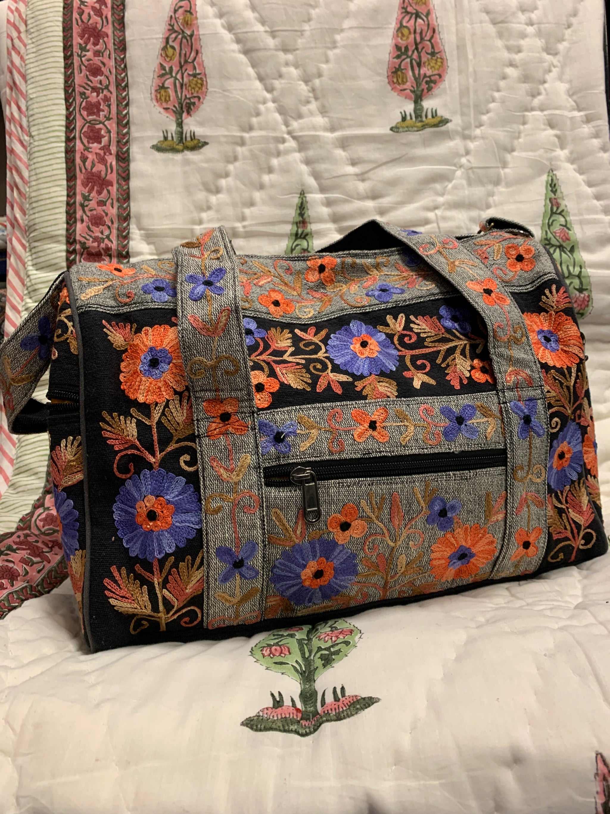 Small Embroidered Duffel - Travel Bag Grey Black (Empowering Local Women - Nepal)