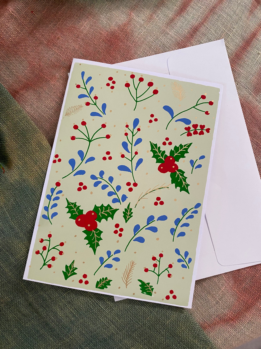 Holly Whimsy – Fair Trade, Screen Printed, Holly & Ivy Christmas Card (Silence India)