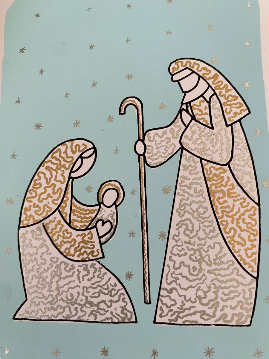 Greeting card with nativity scene design on a textured fabric background