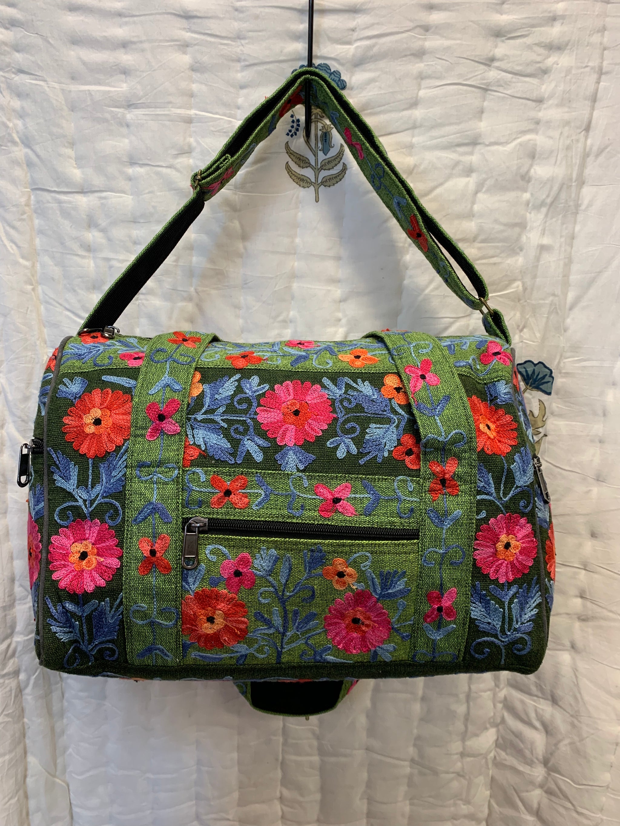 Small Embroidered Duffel - Travel Bag Light Green Dark Green (Empowering Local Women - Nepal)