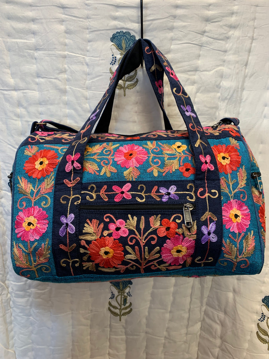 Small Embroidered Duffel - Travel Bag Dark Blue Turquoise (Empowering Local Women - Nepal)