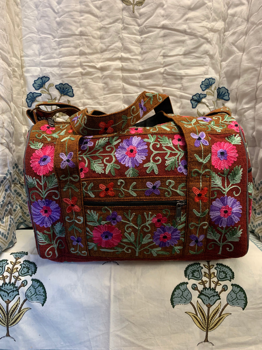 Small Embroidered Duffel - Travel Bag Orange Maroon (Empowering Local Women - Nepal)