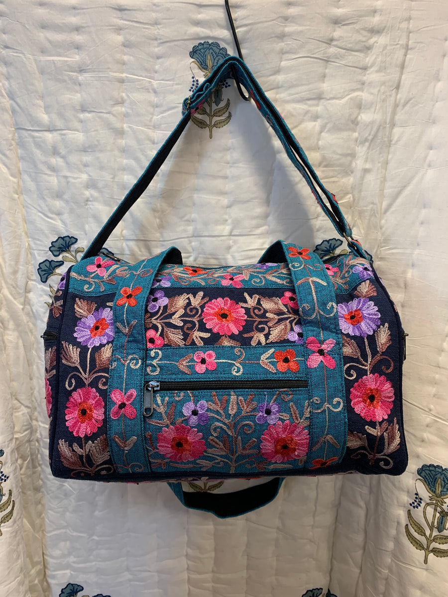 Small Embroidered Duffel - Travel Bag Turquoise Dark Blue (Empowering Local Women - Nepal)