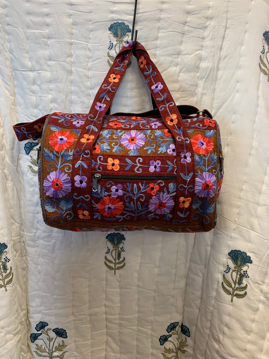 Small Embroidered Duffel - Travel Bag Maroon Orange (Empowering Local Women - Nepal)
