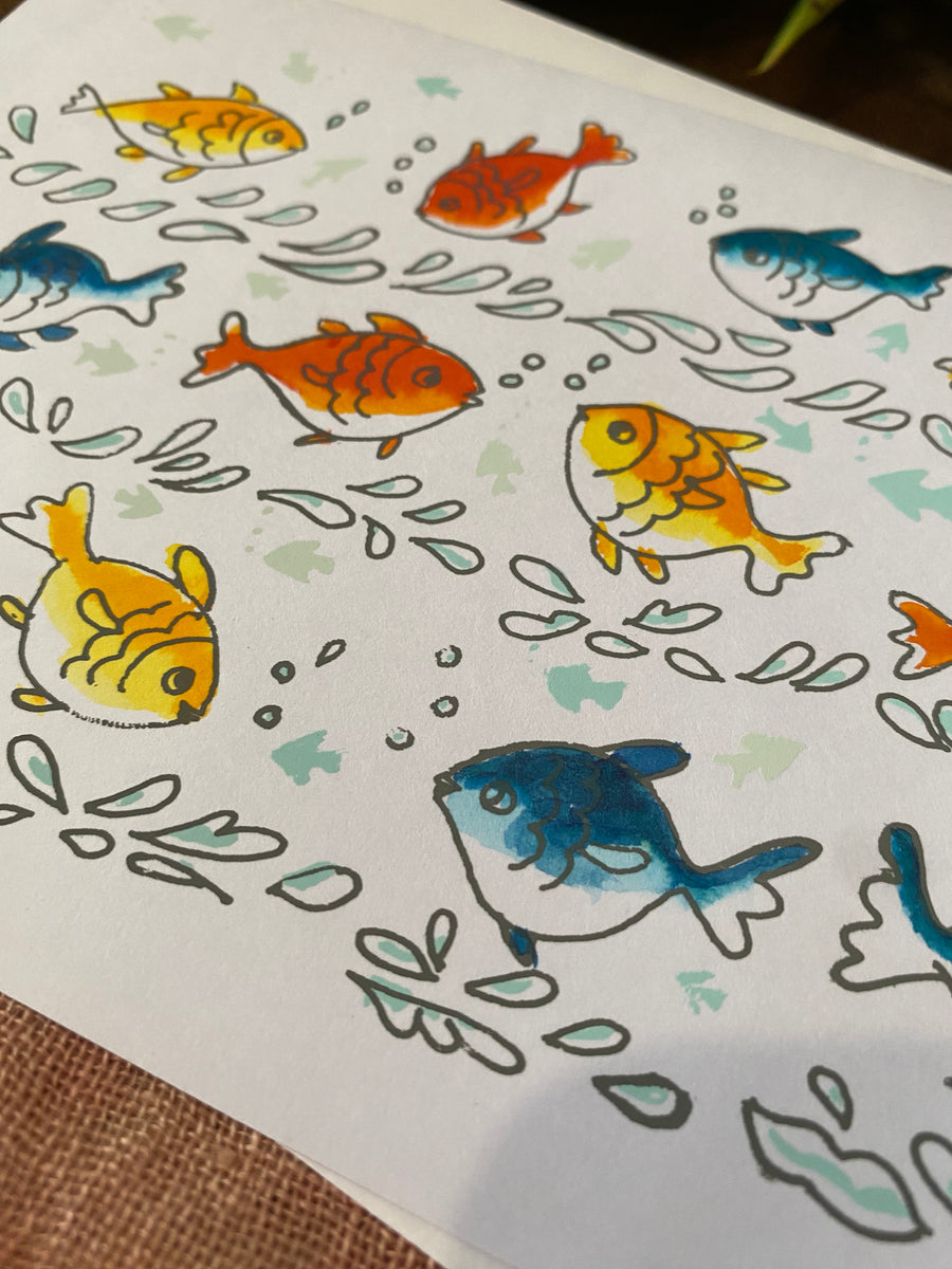Splashing Goldfish – Fair Trade, Hand Screen Printed Greeting Card (Silence India)