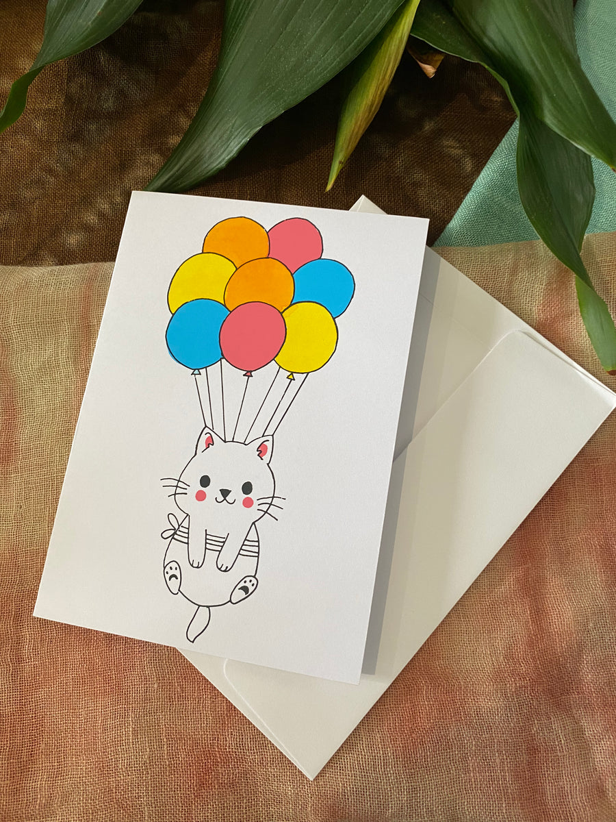 Balloon Cat – Fair Trade, Hand Screen Printed Greeting Card (Silence India)