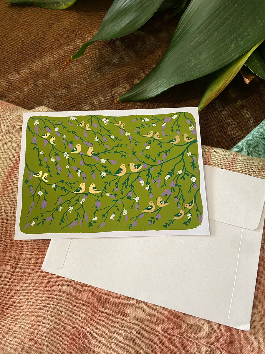 Love Birds Blossom – Fair Trade, Hand Screen Printed Greeting Card (Silence India)