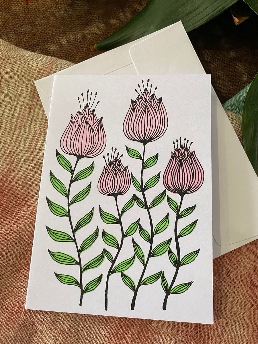 Pink Water Lily – Fair Trade, Hand Screen Printed  Greeting Card (Silence India)