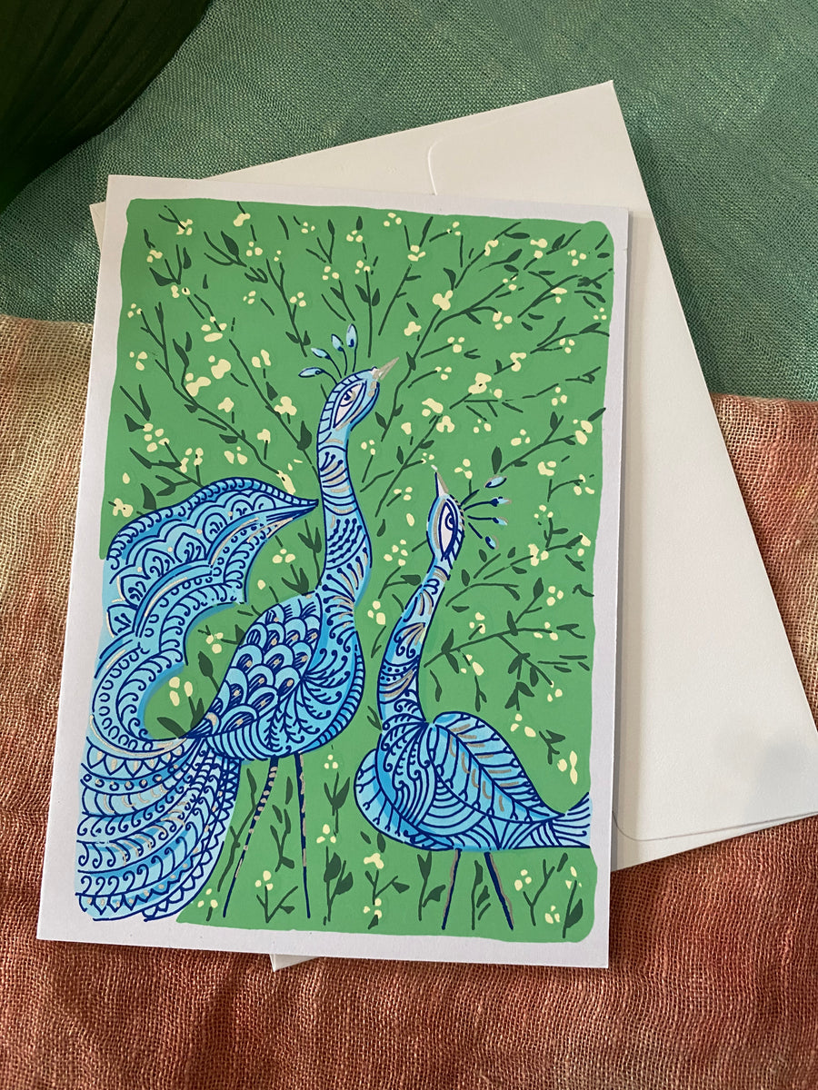 Peacock Paradise – Fair Trade, Hand Screen Printed  Greeting Card (Silence India)