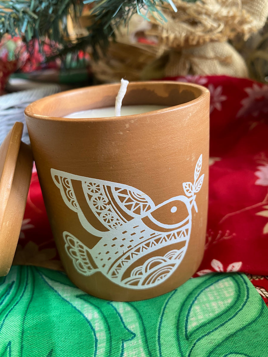 Peace Dove Terracotta Soy Candle – Fair Trade, Hand Painted Pot with Lid (Silence India)