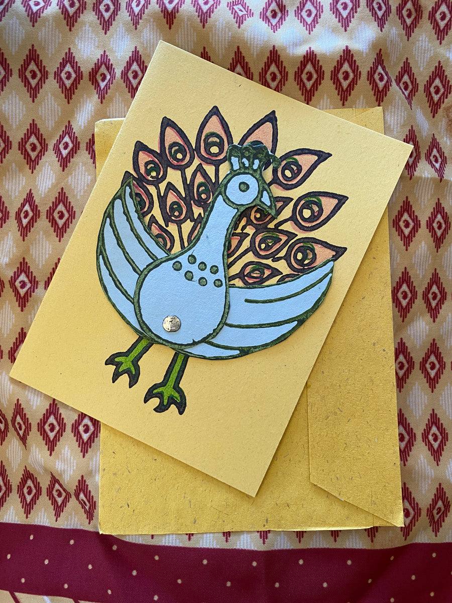 Fair Trade Moveable Hand Painted- Peacock Card -Assorted Colours