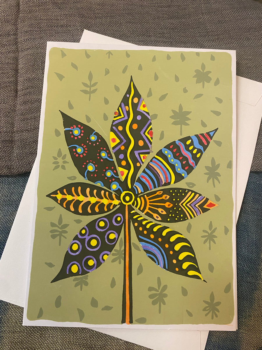 Whimsical Leaf Bloom – Fair Trade, Hand Screen Printed ; Hand Painted Greeting Card (Silence India)