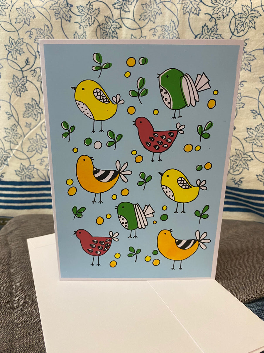Happy Little Birds – Fair Trade, Hand Screen Printed, Hand Painted Greeting Card (Silence India)