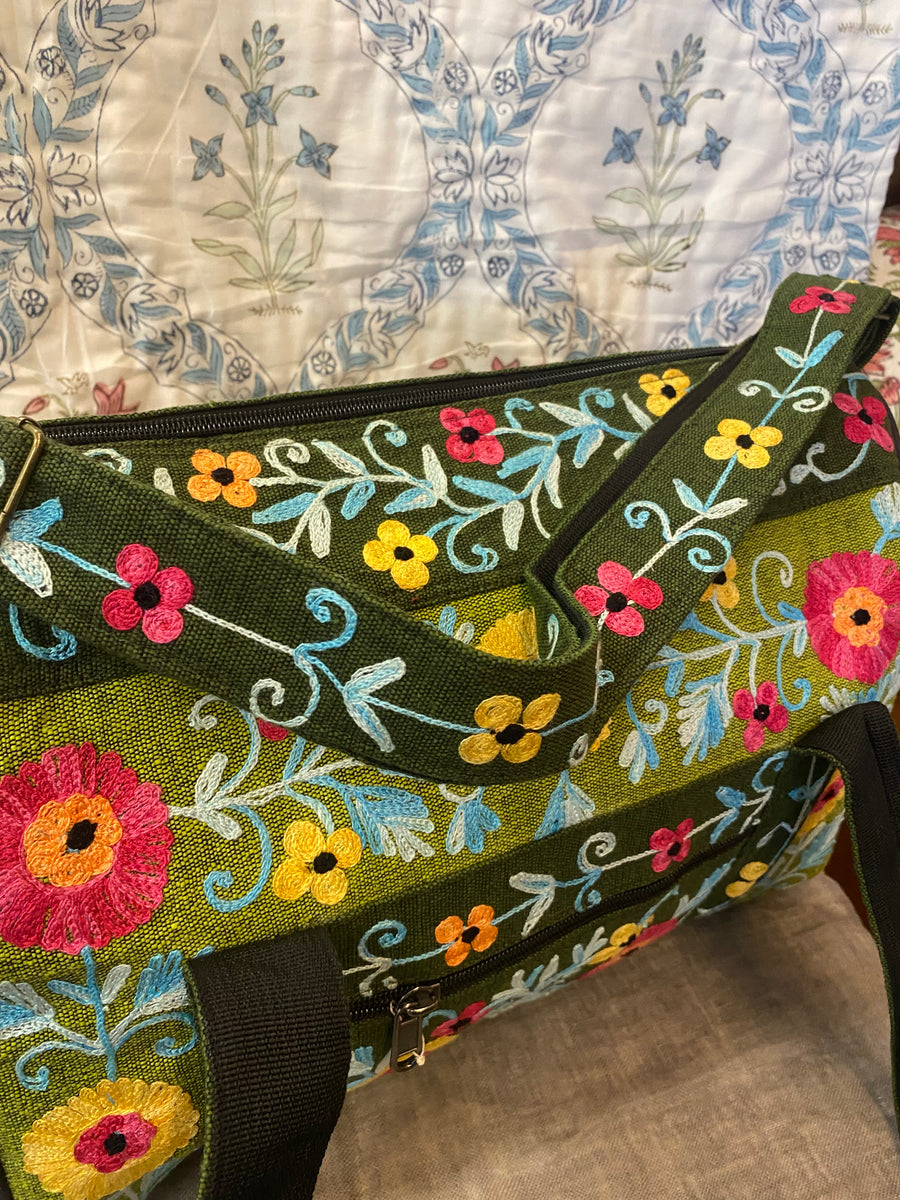 Small Embroidered Duffel - Travel Bag Dark Green Light Green (Empowering Local Women - Nepal)