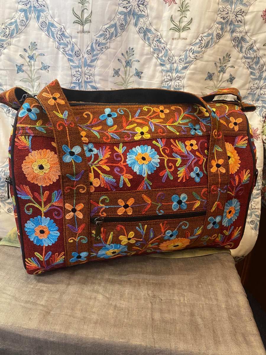 Small Embroidered Duffel - Travel Bag Orange Maroon (Empowering Local Women - Nepal)