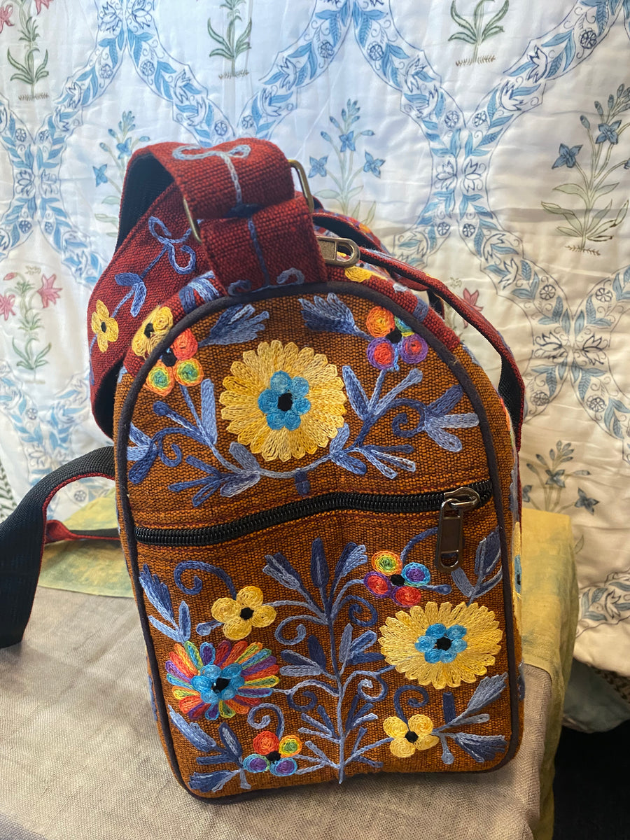 Small Embroidered Duffel - Travel Bag Maroon Orange (Empowering Local Women - Nepal)