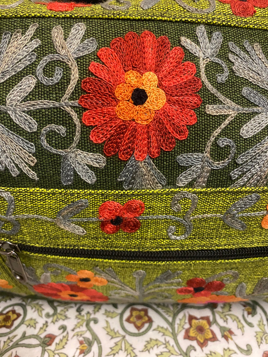 Small Embroidered Duffel - Travel Bag Light Green Dark Green (Empowering Local Women - Nepal)