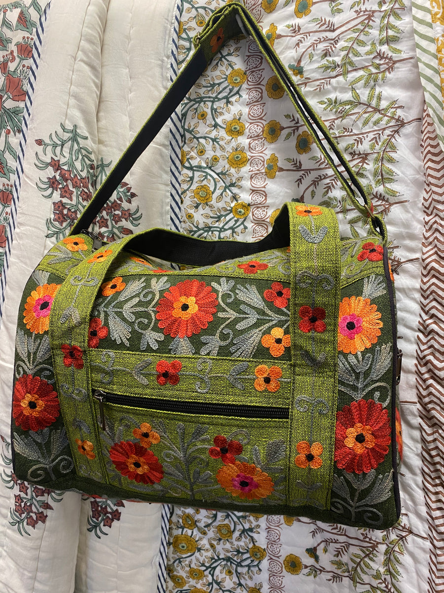 Small Embroidered Duffel - Travel Bag Light Green Dark Green (Empowering Local Women - Nepal)