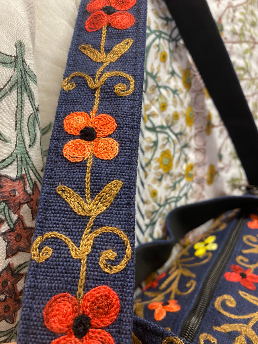Small Embroidered Duffel - Travel Bag Turquoise Dark Blue (Empowering Local Women - Nepal)