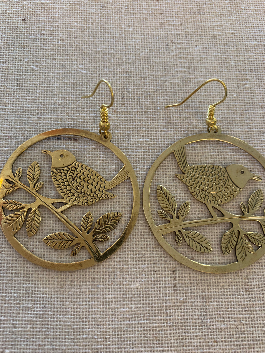 Handcrafted Brass Bird on Perch Earrings – Timeless Artisan Statement Jewellery (ACP Nepal)