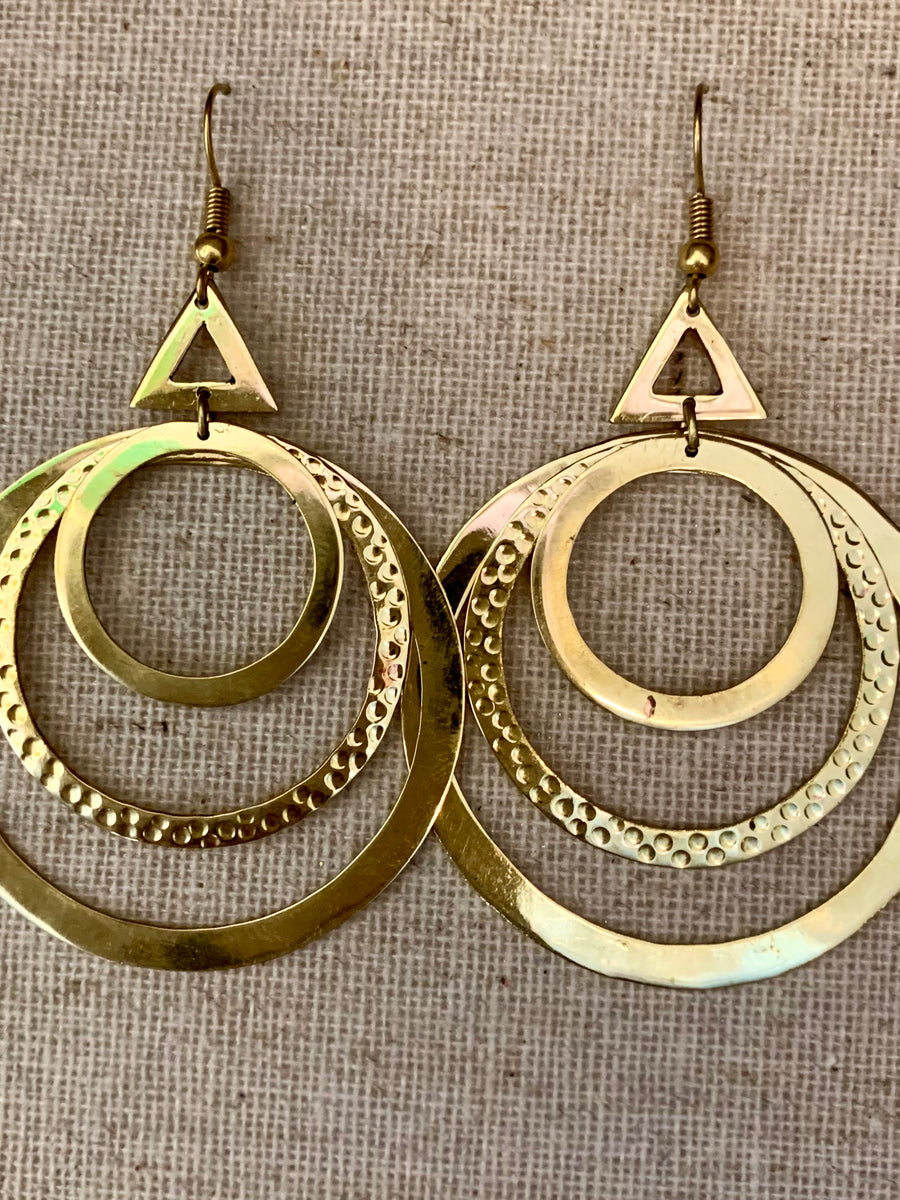 Handcrafted Brass Triple Stacked Circle Textured Earrings – Timeless Artisan Statement Jewellery (ACP Nepal)