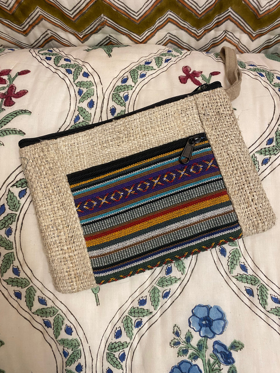 Hemp & Cotton Clutch Purse – Fair Trade Zip Wallet with Wrist Loop (Local Women's Handicrafts - Nepal)