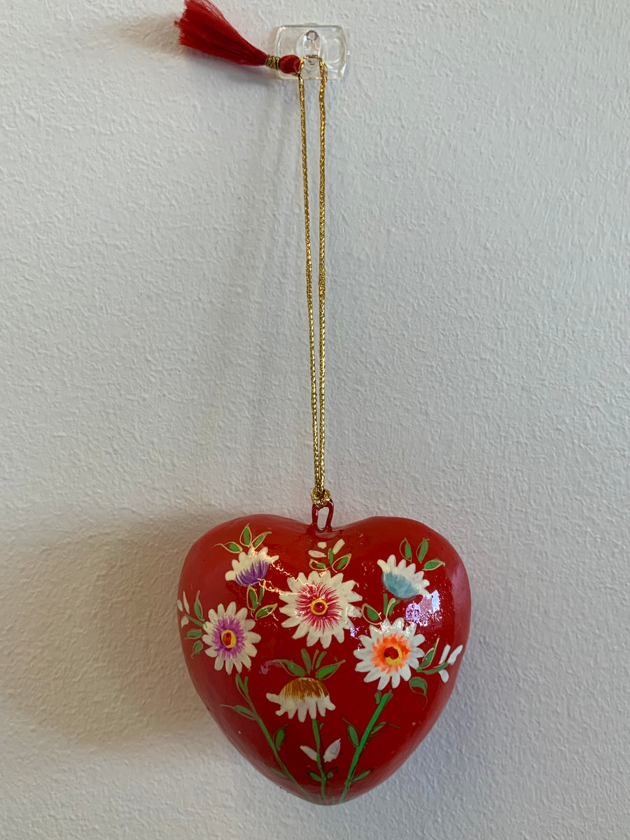 Fair Trade Ethical Christmas Decoration Hanging Heart Red Flower
