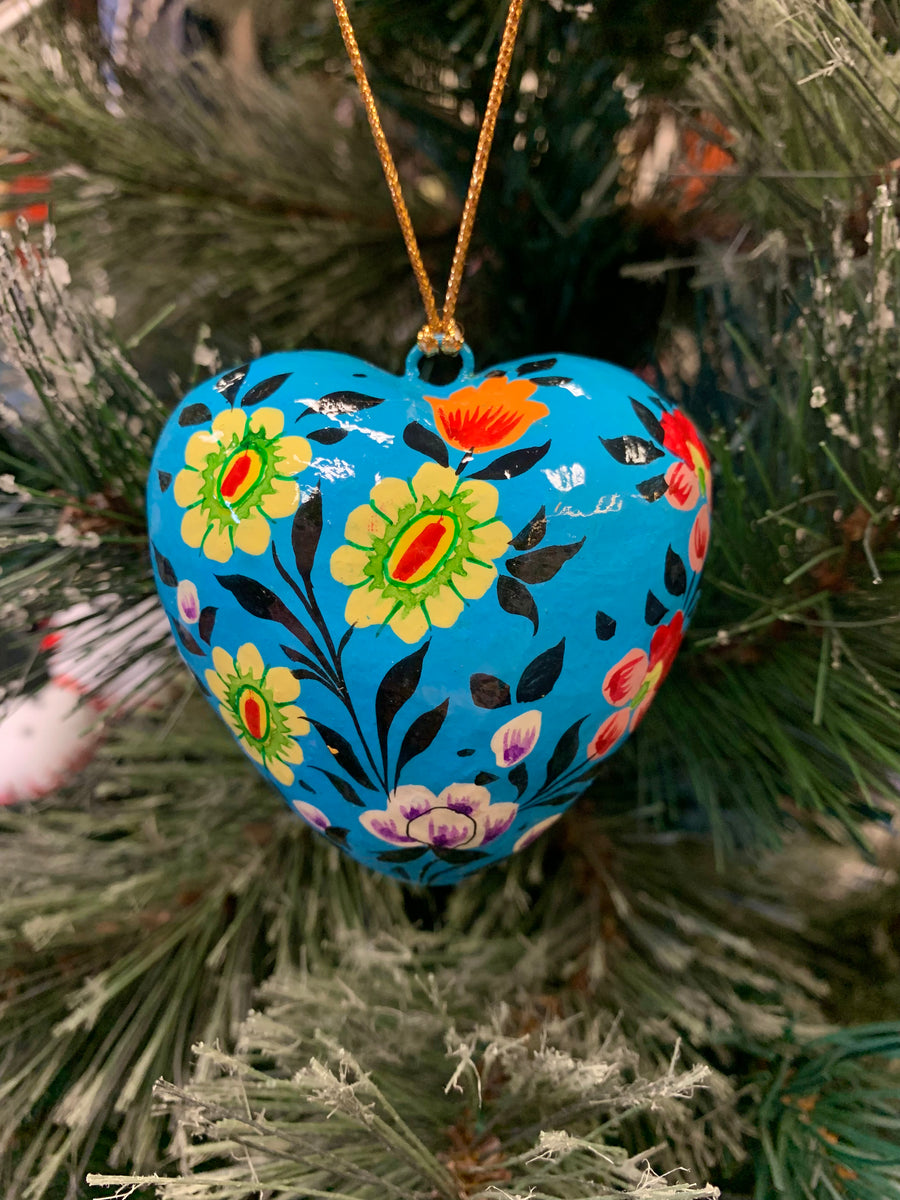 Fair Trade Ethical Christmas Decoration Hanging Heart with Flower Design - Care Kashmir India