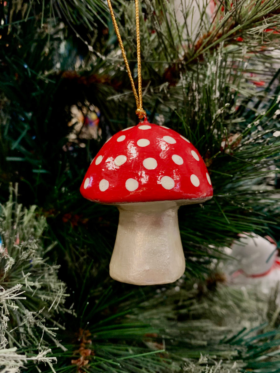 Mushroom Decoration , Hand painted, paper mache - Fair Trade Kashmiri Christmas Ornament