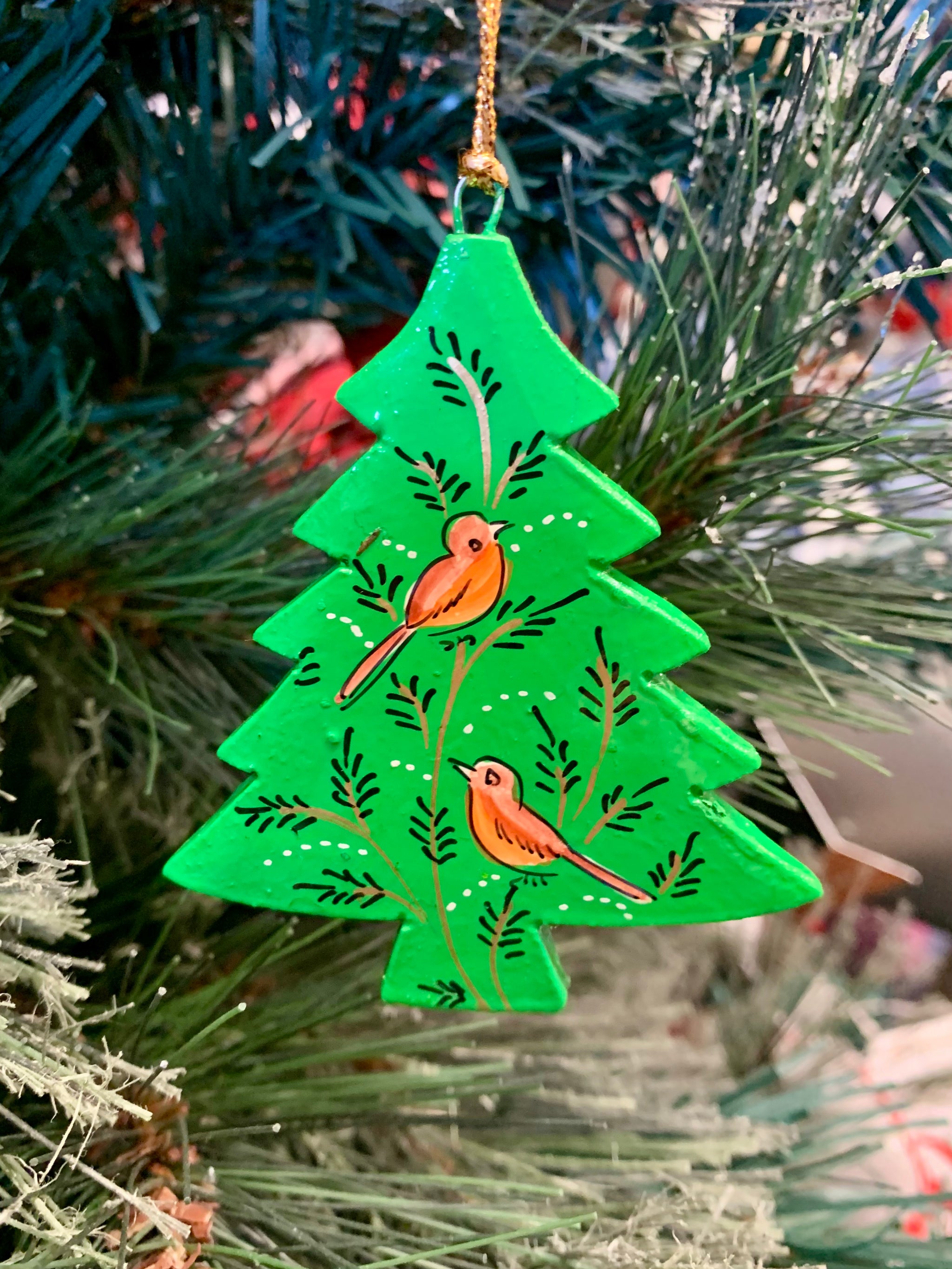 Hand Painted Wooden Small Christmas Tree Decoration - Tree of Life Bird Design – Fair Trade Kashmiri Christmas Ornament