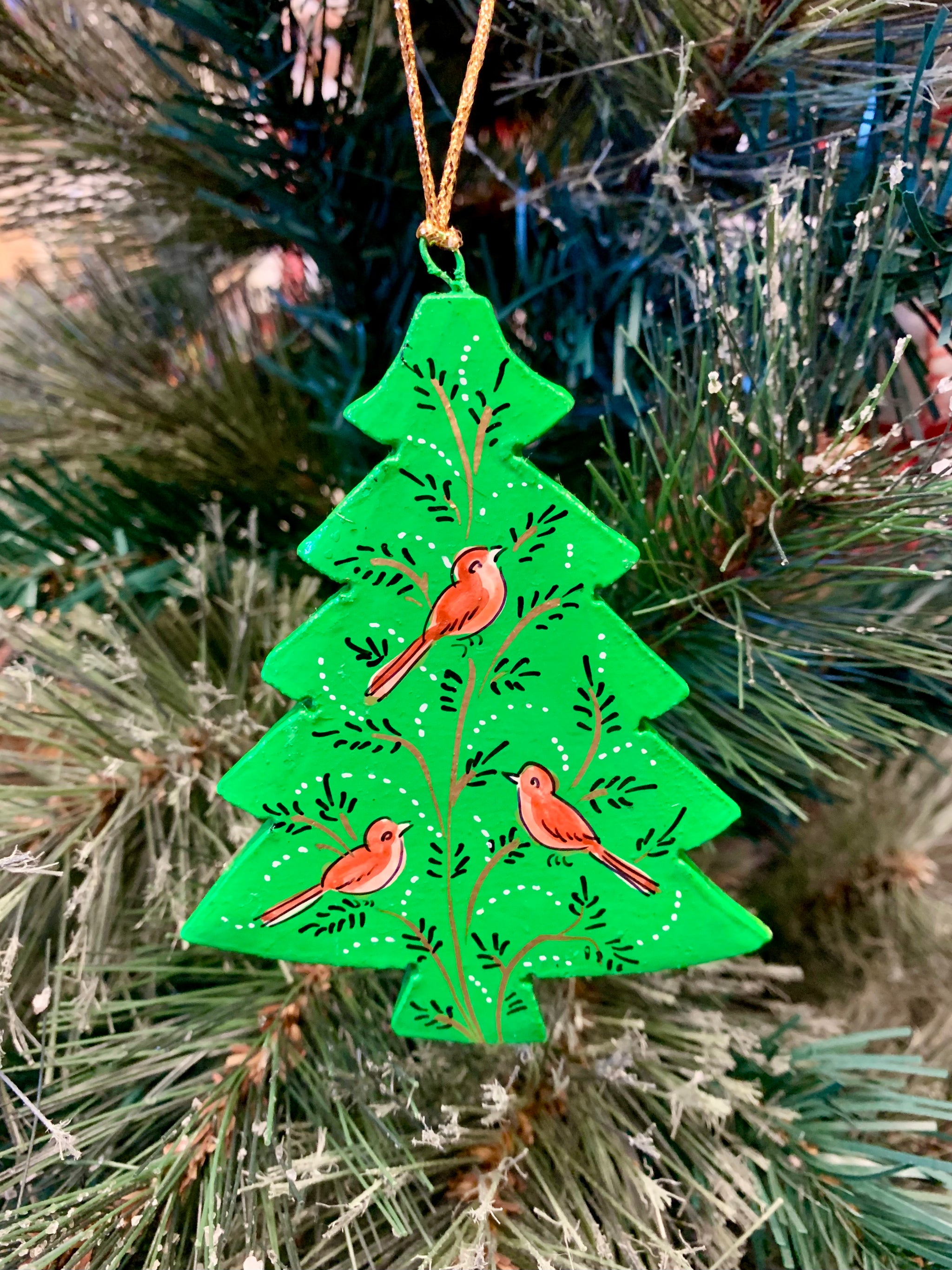 Hand Painted Wooden Medium Christmas Tree Decoration - Tree of Life Bird Design – Fair Trade Kashmiri Christmas Ornament
