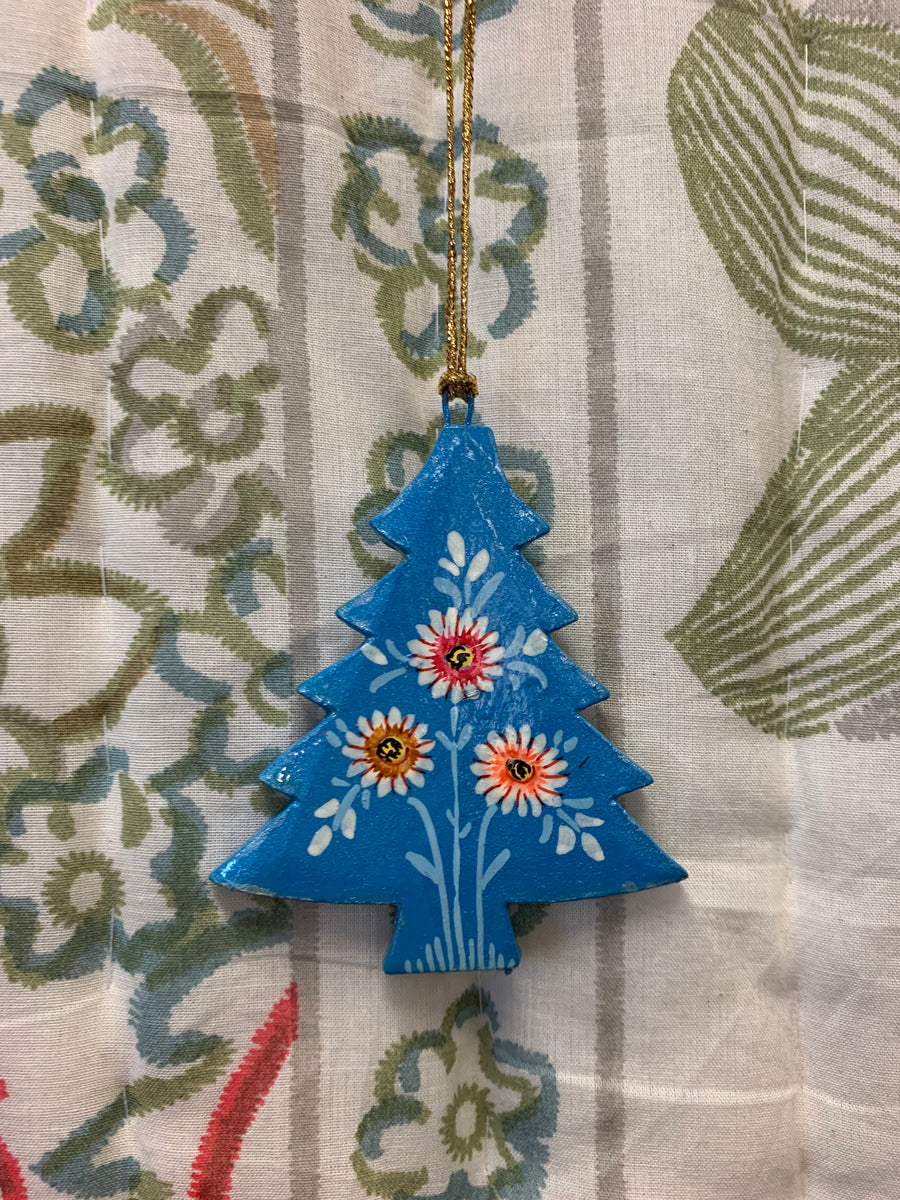 Hand Painted Wooden Small Christmas Tree Decoration - Modern Flower Design – Fair Trade Kashmiri Christmas Ornament