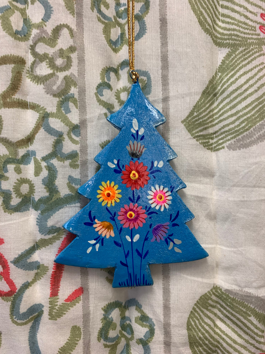 Hand Painted Wooden Medium Christmas Tree Decoration - Modern Flower Design – Fair Trade Kashmiri Christmas Ornament