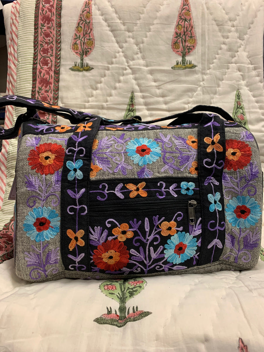 Small Embroidered Duffel - Travel Bag Black Grey (Empowering Local Women - Nepal)
