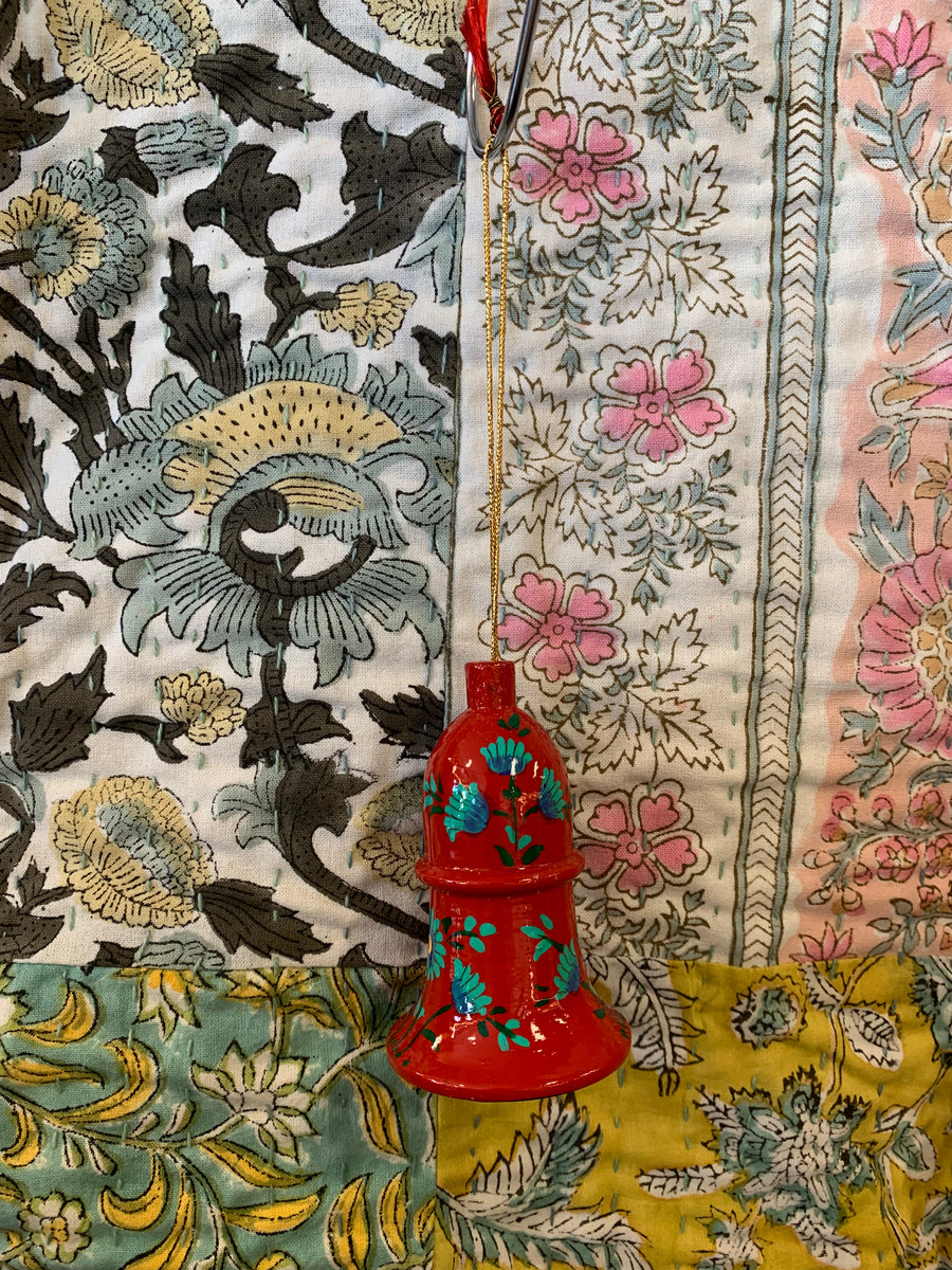 Hand Painted Wooden Large Bell Decoration - Modern Floral Designs – Fair Trade Kashmiri Christmas Ornament