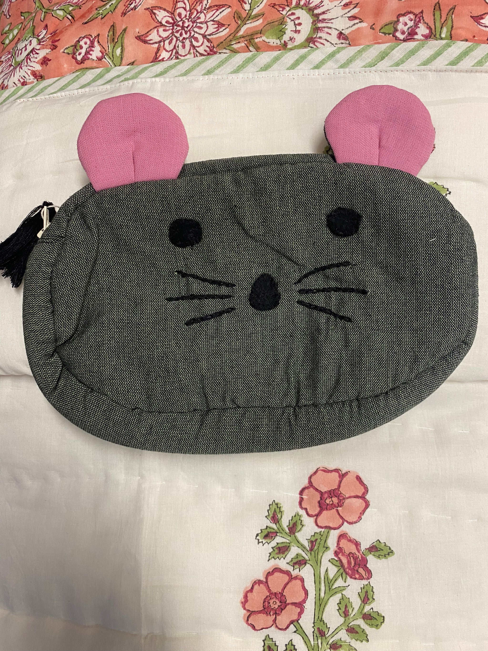 Mouse Faced Padded Purse – Fair Trade Handwoven Cotton Pencil Case & Wash Bag - Mahaguthi Nepal