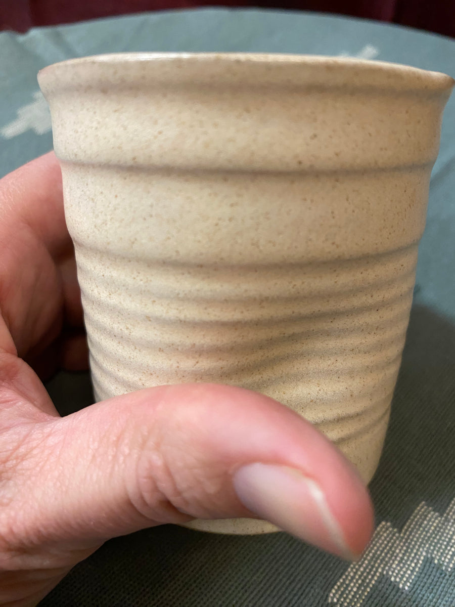 Ribbed Stoneware Tumbler Cup – Fair Trade Handmade Ceramic Coffee Cup (Natural Sand, Nepal)